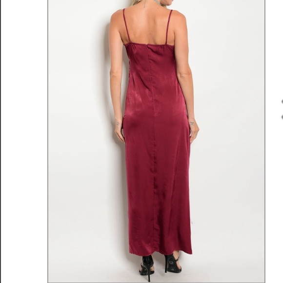 Wine Spaghetti strap wrap front satin maxi dress. - Picture 3 of 6
